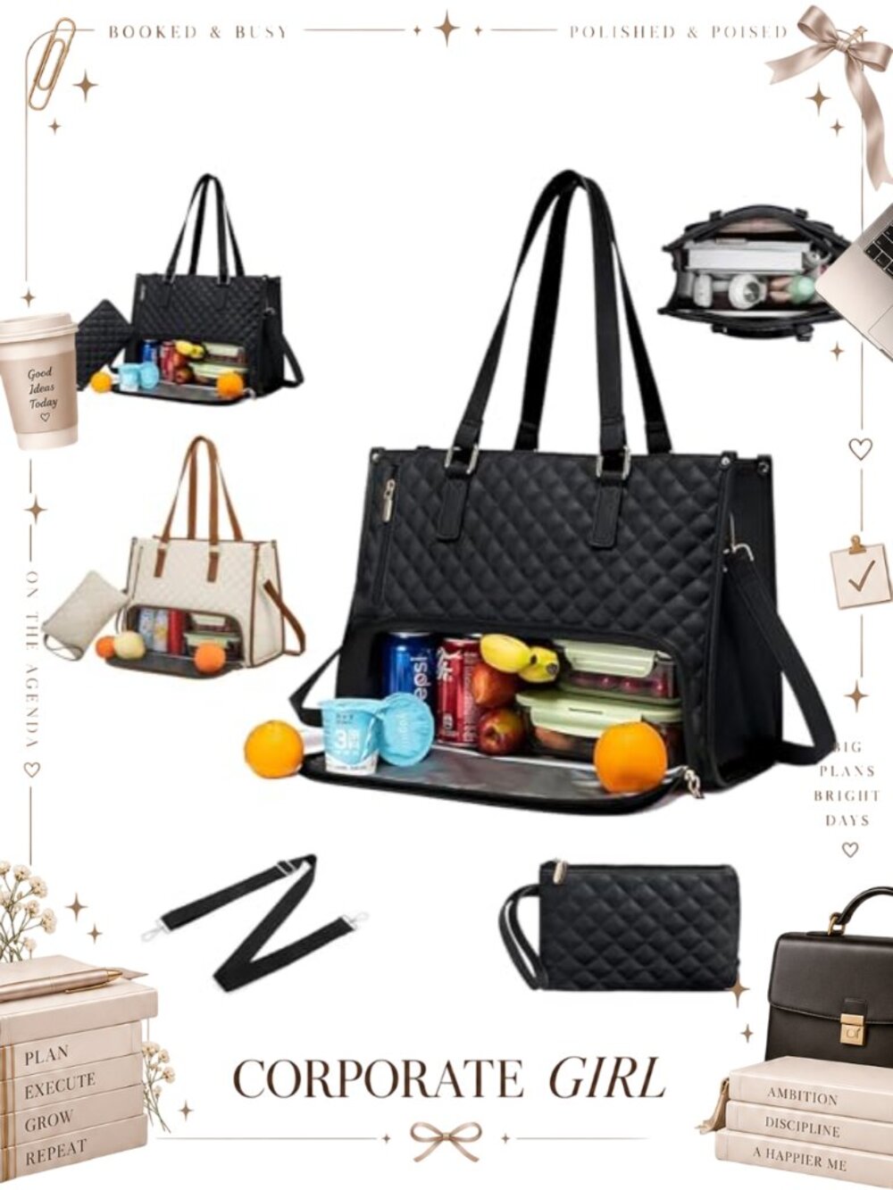 Insulated Lunch Tote Bag with Compartment, Faux Leather Work Handbag for Women,